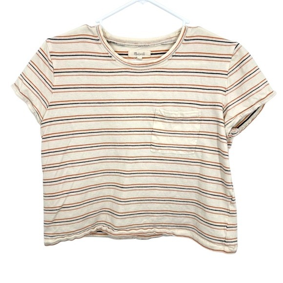 Madewell Tops - Madewell Women's Size XS Cropped Striped Pocket T Shirt Cream Rust Black Cotton